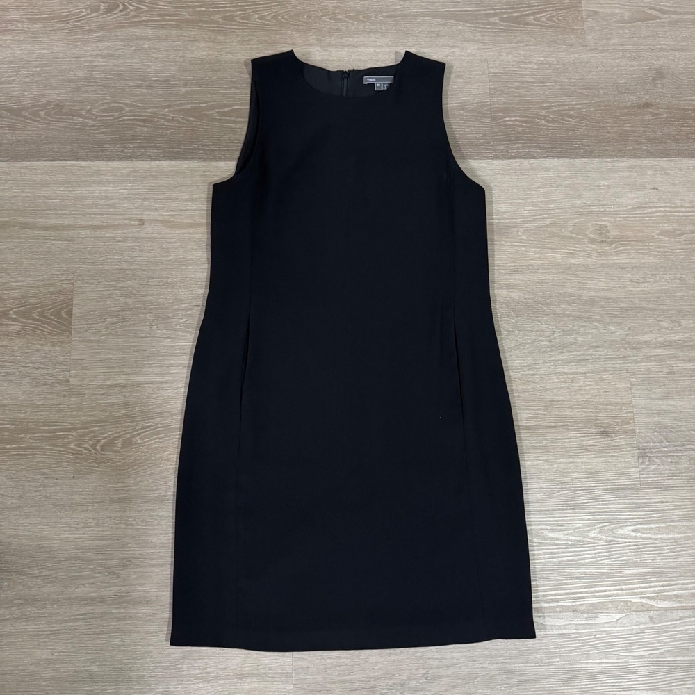 Vince Shift Dress Womens 10 Black Sleeveless Crepe Mini LBD Pocket
